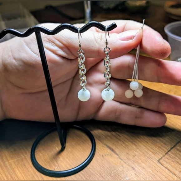 Snow Quartz Genuine Gemstone Handmade Earrings, Silver Chain, Sterling Ear wires - Picture 3 of 3